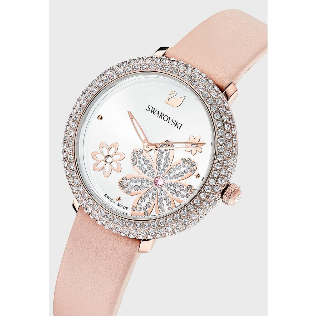 Swarovski Crystal Frost Watch Flower Leather Strap Silver Rose-gold -5519223