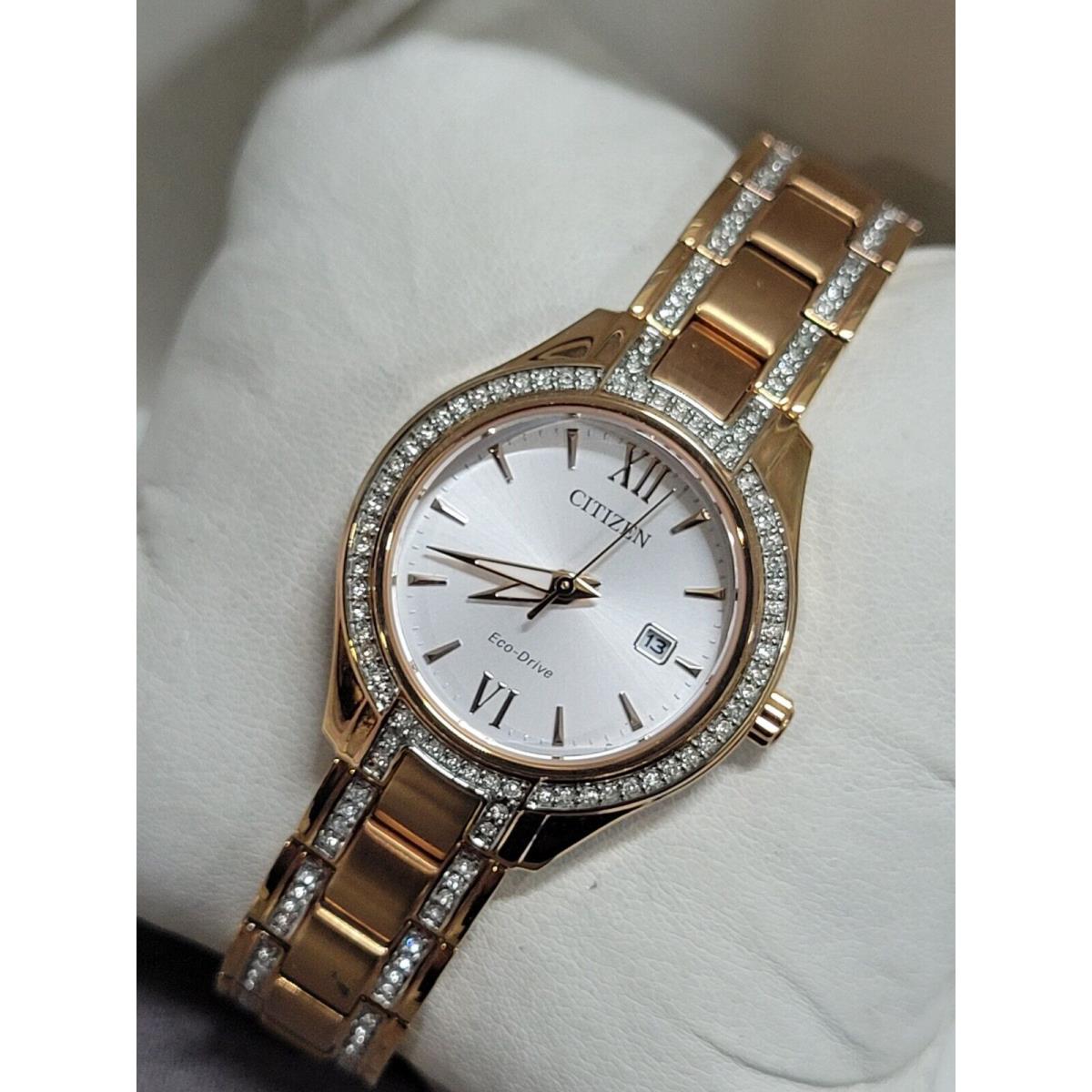 Citizen Silhouette Crystal Rose Gold Steel Date Women`s Watch FE1233-52A - Dial: Silver, Band: Gold, Pink, Rose Gold, Bezel: Gold, Pink, Rose Gold