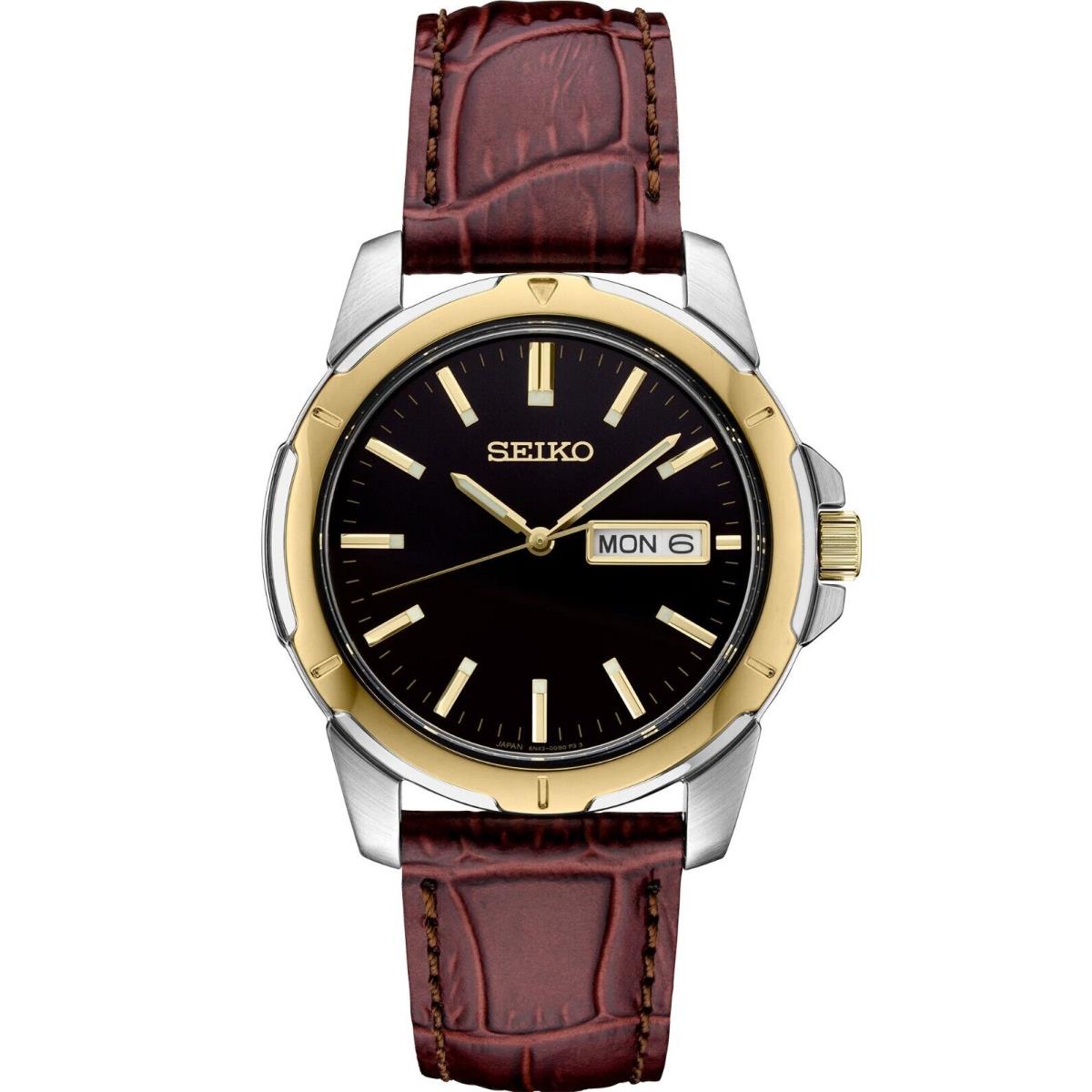 Seiko Essentials Collection Mens Watch SUR360 - Dial: Black, Band: Brown, Bezel: Gold