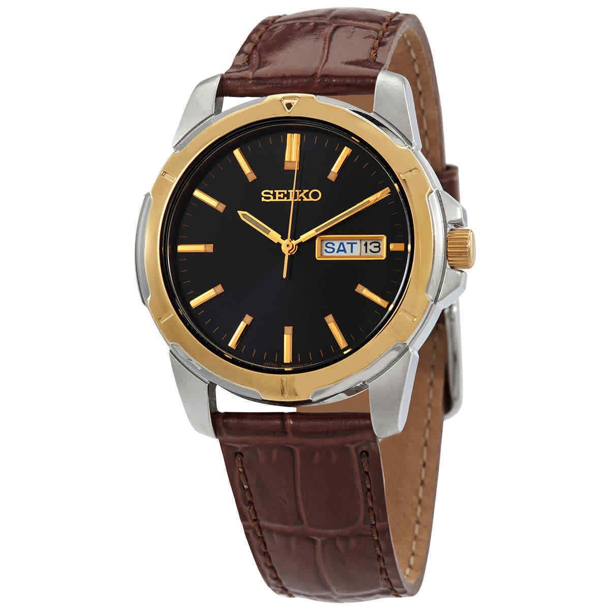 Seiko Essentials Quartz Black Dial Men`s Watch SUR360 - Dial: Black, Band: Brown, Bezel: Gold