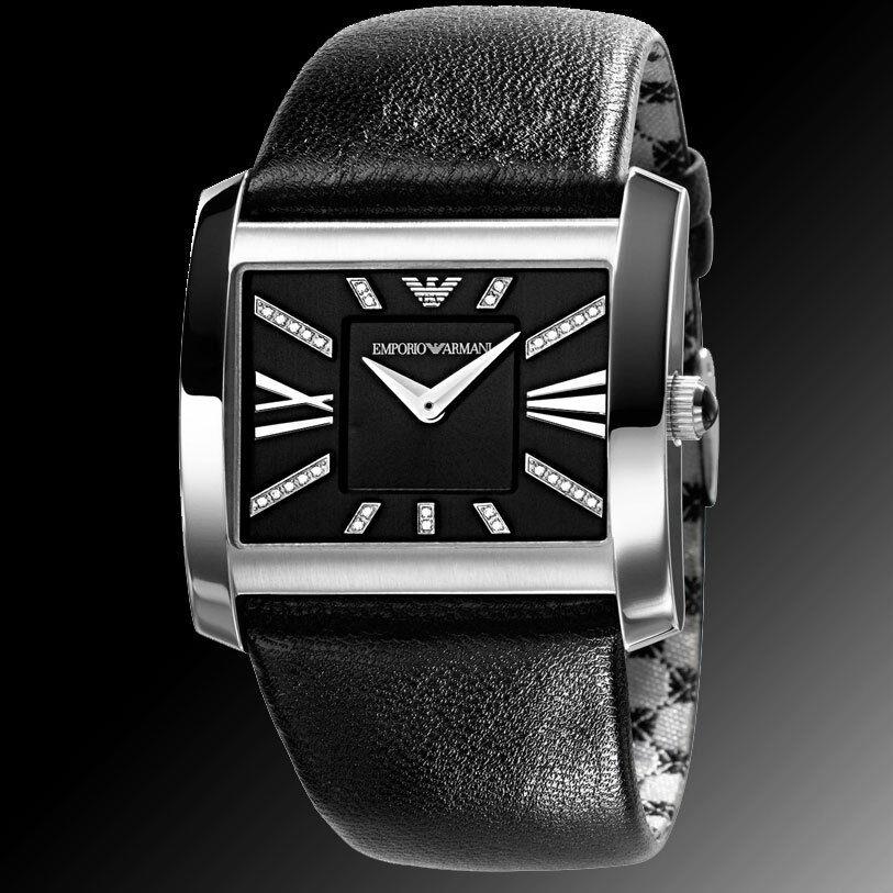 Emporio Armani Black Leather Silver 30 Diamonds+roman Numeral Watch AR3165