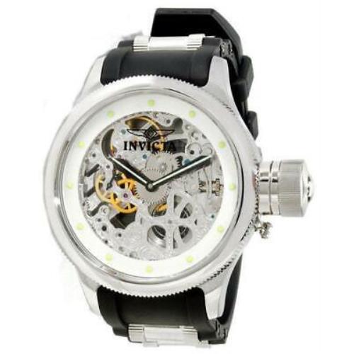 Invicta 1242 Russian Diver Skeleton Dial Mechanical Men`s Watch - Silver Dial, Black Band, Silver Bezel