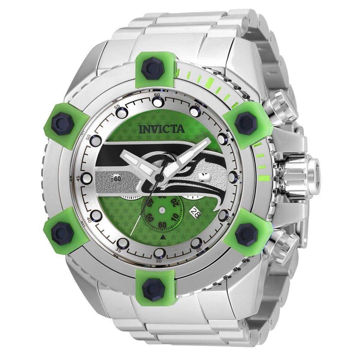 Invicta 56mm Nfl Authorized Seattle Seahawks Chronograph Silver SS Watch - Green Dial, Silver Band, Silver Bezel