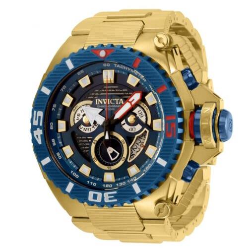 Invicta Sea Hunter Men`s 57mm Large Anatomic Gold Swiss Chronograph Watch 35012 - Dial: Blue, Band: Gold, Bezel: Blue