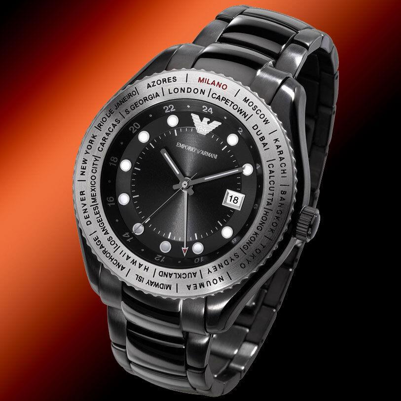 Emporio Armani Black Tone Silver International Time Zone Bezel Watch AR0587