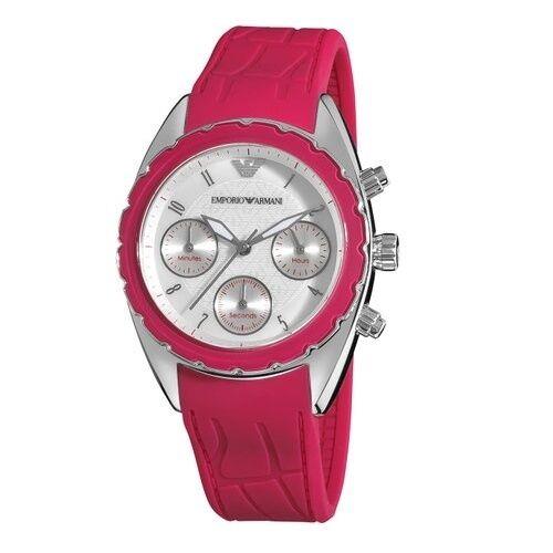 Emporio Armani Sport Fuchsia Hot Pink Silicone Band Silver Chrono Watch AR5937