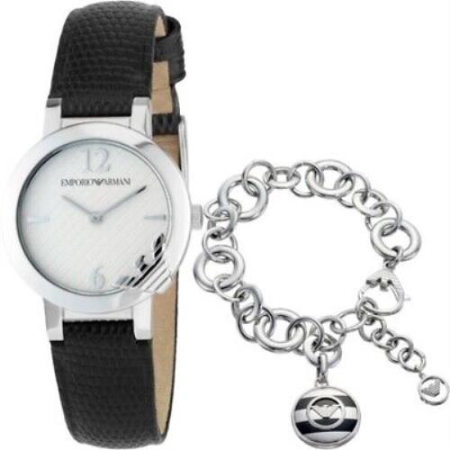 Emporio Armani AR8013 Leather Strap Watch and Charm Bracelet Gift Set
