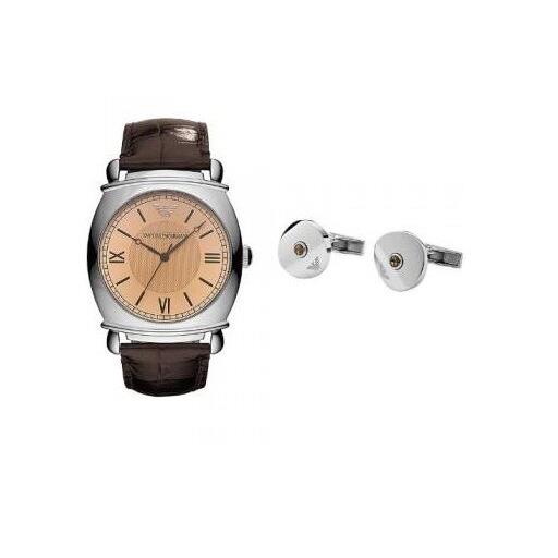 Emporio Armani Gift Set Silver Tone Brown Leather Watch Cufflinks AR8019