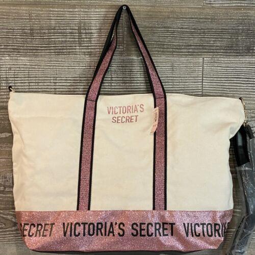 Victoria`s Secret Sparkle Pink Ivory Weekender Canvas Tote Travel Beach Bag