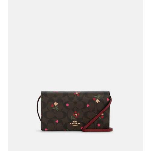 Coach Women Anna Gold/brown Multi Heart Petal Foldover Crossbody Clutch C7657