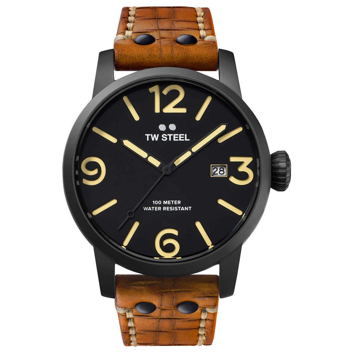 TW Steel Maverick Black Pvd Black Dial Leather Date Quartz Mens Watch MS31