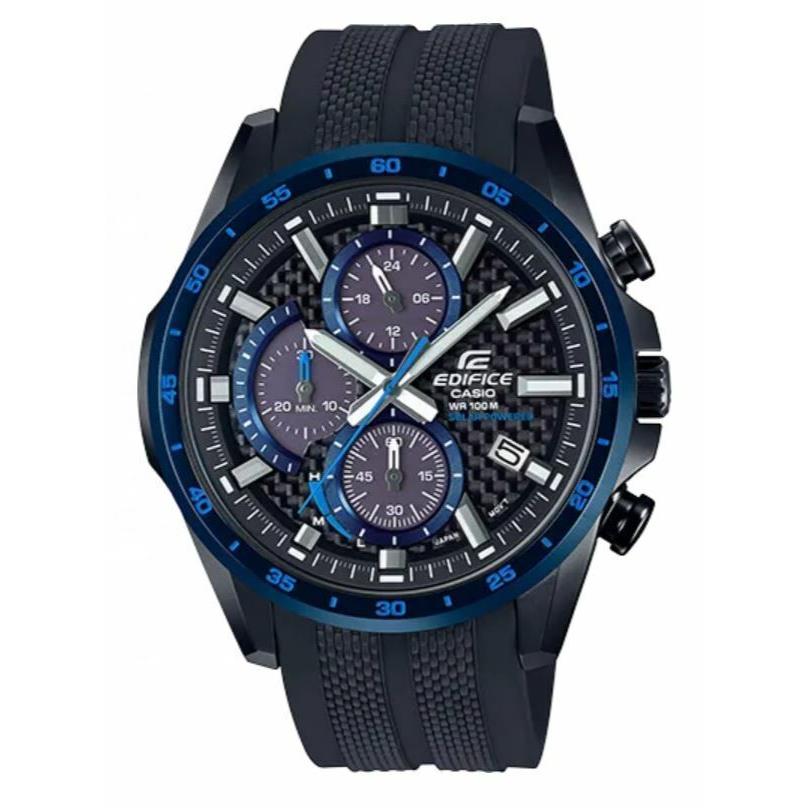 Casio Edifice Men`s Tough Solar Carbon Fiber Chronograph 52mm Watch EQS900PB-1BV - Blue Dial, Blue Band, Black Bezel