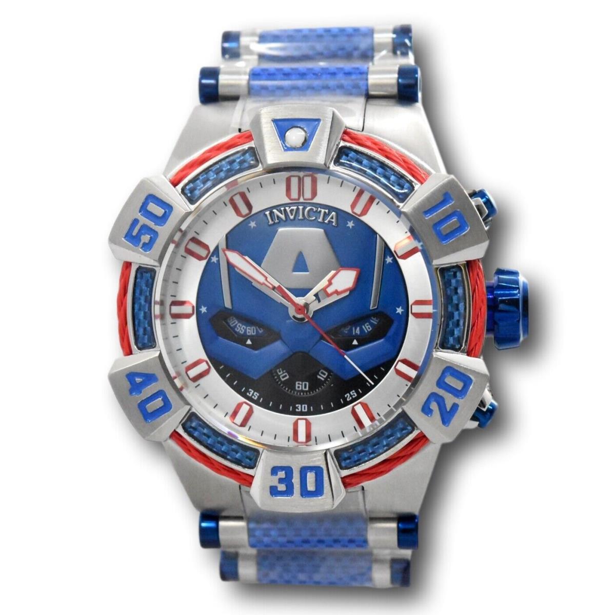 Invicta Marvel Captain America Men`s 52mm Limited Blue Carbon Fiber Watch 38367 - Dial: Black, Blue, Multicolor, Silver, Band: Silver, Bezel: Blue, Red, Silver