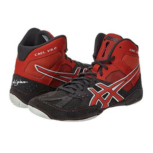 Men`s Asics Cael v6.0 Wrestling Shoes Size 6.5-15 White Red Black J401Y Charcoal/Fiery Red/Silver