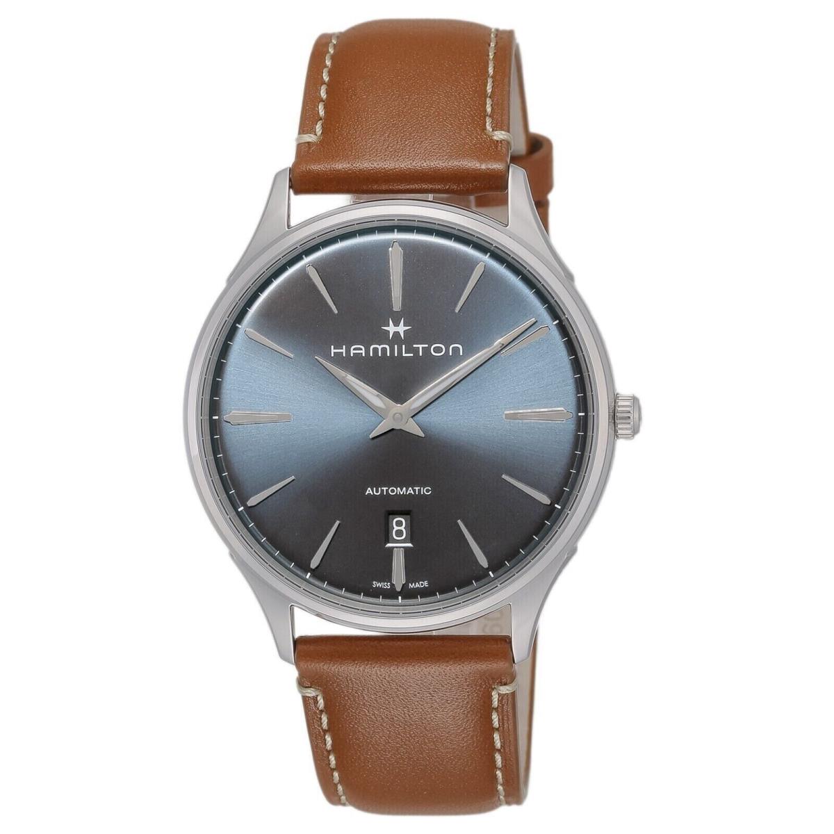Hamilton Mens Jazzmaster Thinline H38525541 40mm Automatic Swiss Blue Dial Watch - Dial: Blue, Band: Brown, Other Dial: Dark Blue