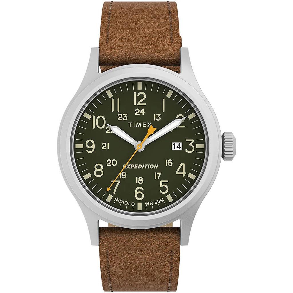Timex TW4B23000 Men`s Indiglo Expedition Green Dial Brown Leather Band Watch - Green Dial, Brown Band