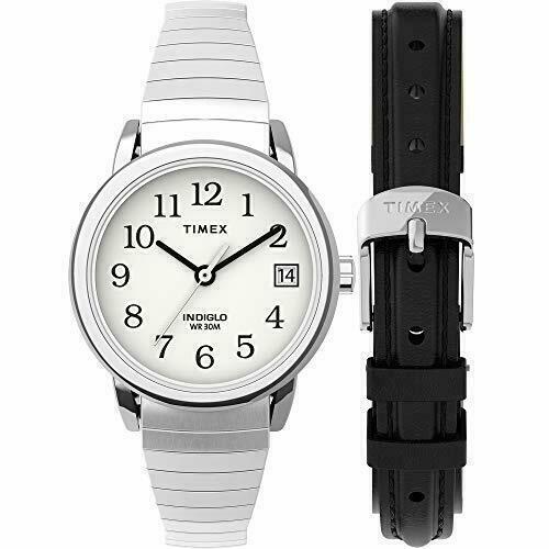 Timex TWG025200 Easy Reader Women`s Expansion Leather Straps Indiglo Date - Dial: White, Band: Black, Bezel: Silver