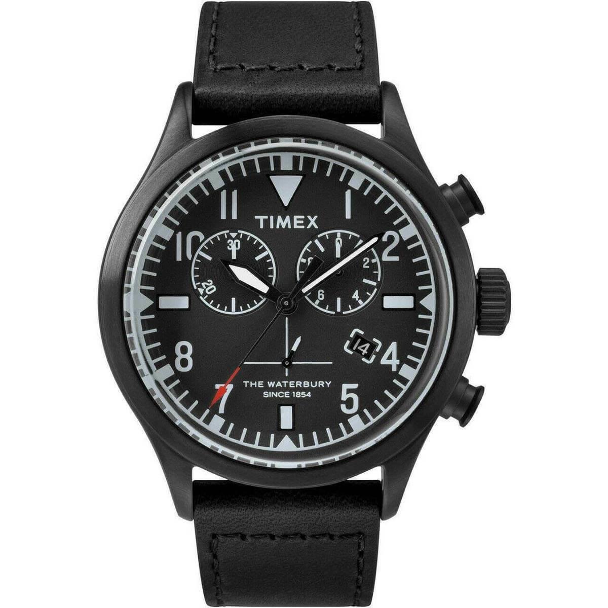 Timex Men`s Watch Waterbury Chronograph Black Leather Strap TW2R12700VQ