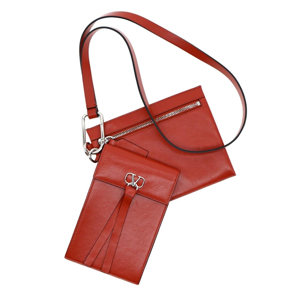 Valentino V-ring Wallet Pouch On Strap Red Leather
