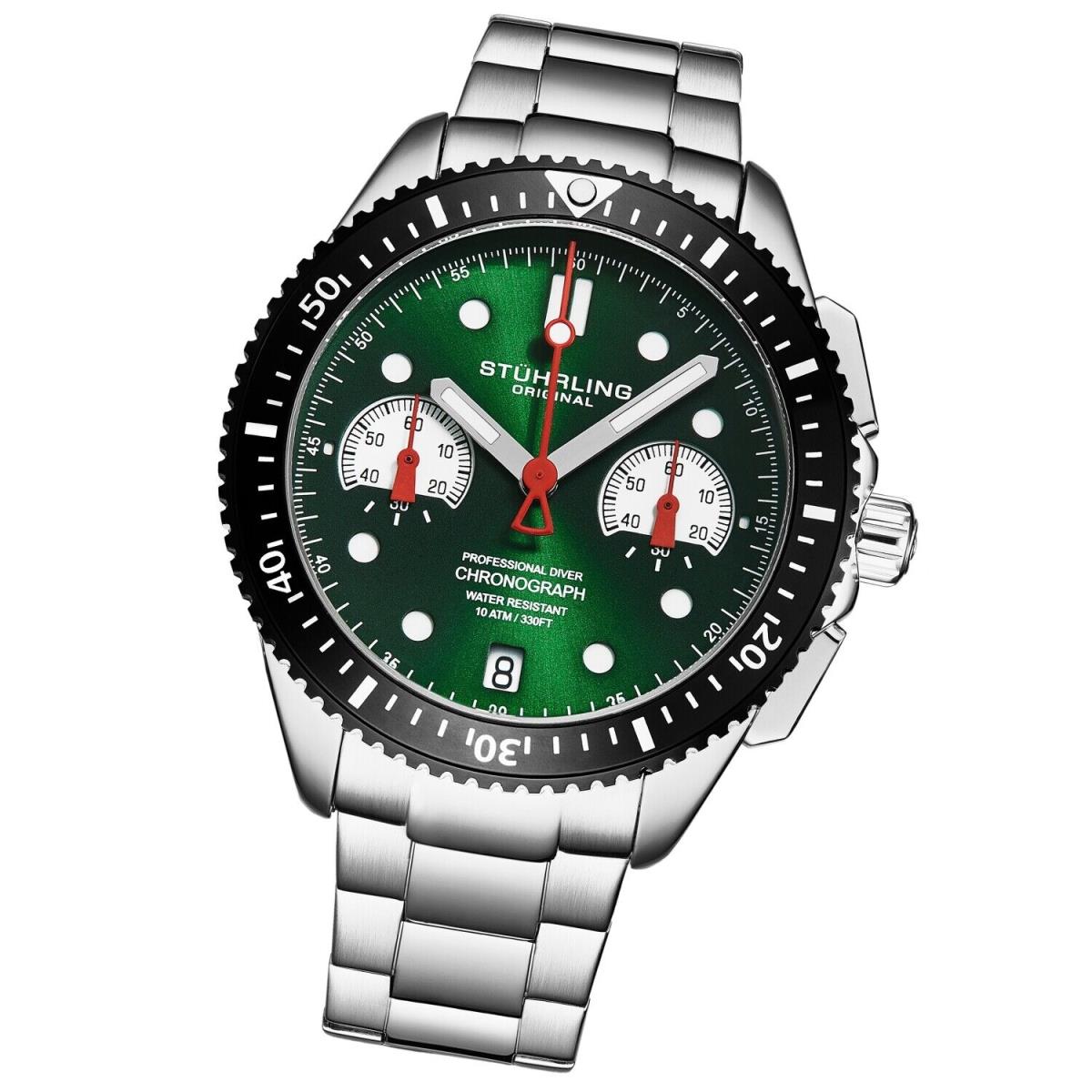Stuhrling 4016 3 Quartz Chronograph Date Green Dial Stainless Steel Mens Watch