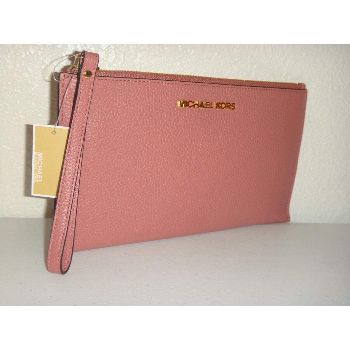 Michael Kors Women`s MK Jet Set LG Zip Clutch Wrist-let Wallet Rose Pink Leather