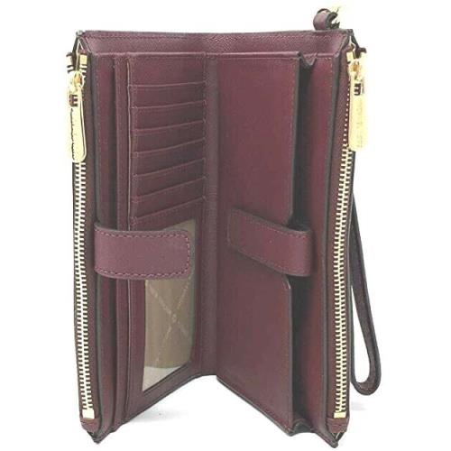 Michael Kors Jet Set Double Zip Wallet Phone Case Wristlet Merlot Leather Gold