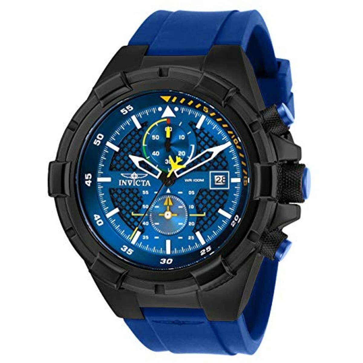 Invicta Men`s 50.5 mm Aviator Blue Yellow Dial Quartz Chronograph Black IP Watch