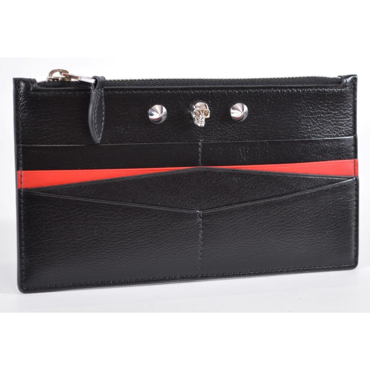 Alexander Mcqueen Black Red Leather Flat Zip Card Case Skull Wallet