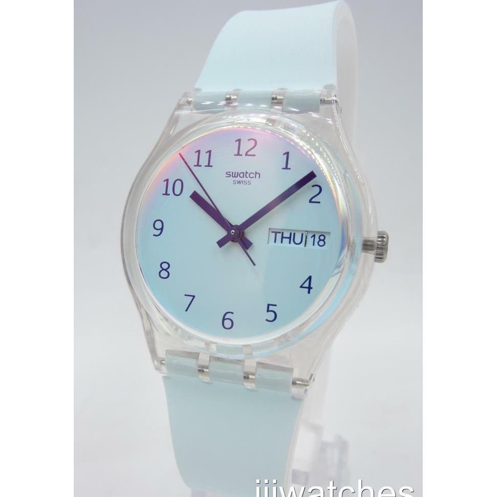 Swiss Swatch Originals Ultraciel Blue Silicone Day Date Watch 34mm GE713