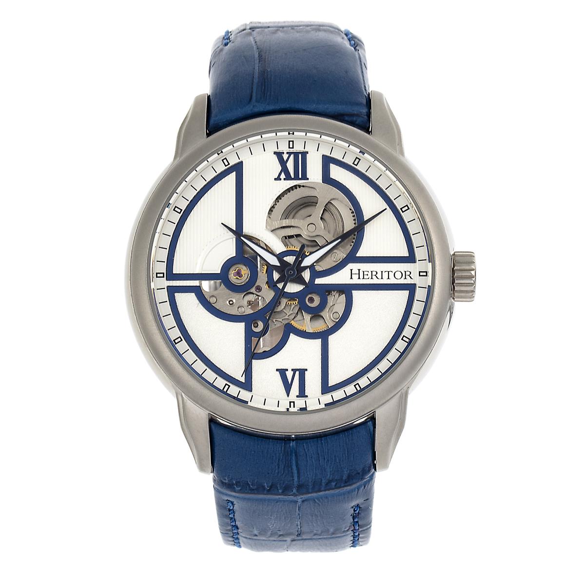 Heritor Automatic Sanford Semi-skeleton Leather-band Watch - Silver/blue
