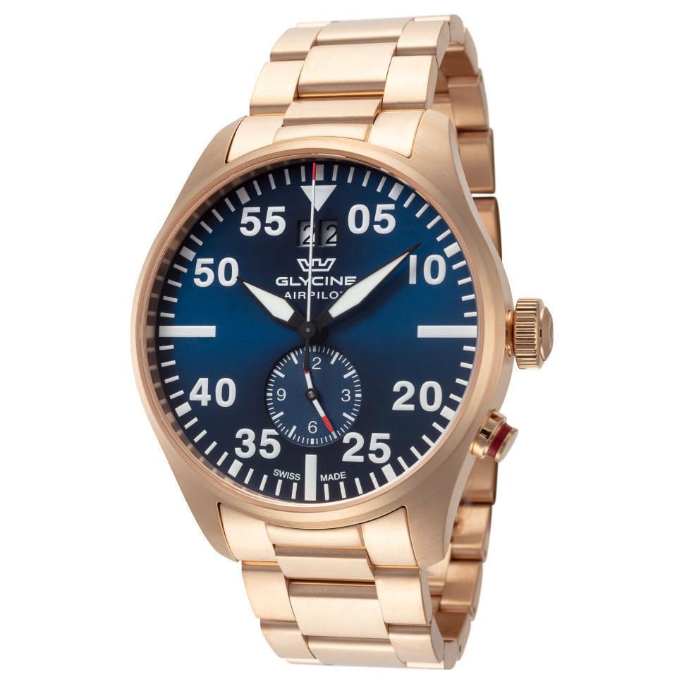 Glycine Airpilot Dual Time Chronograph Swiss Men`s Pilot Watch Blue Dial GL0368