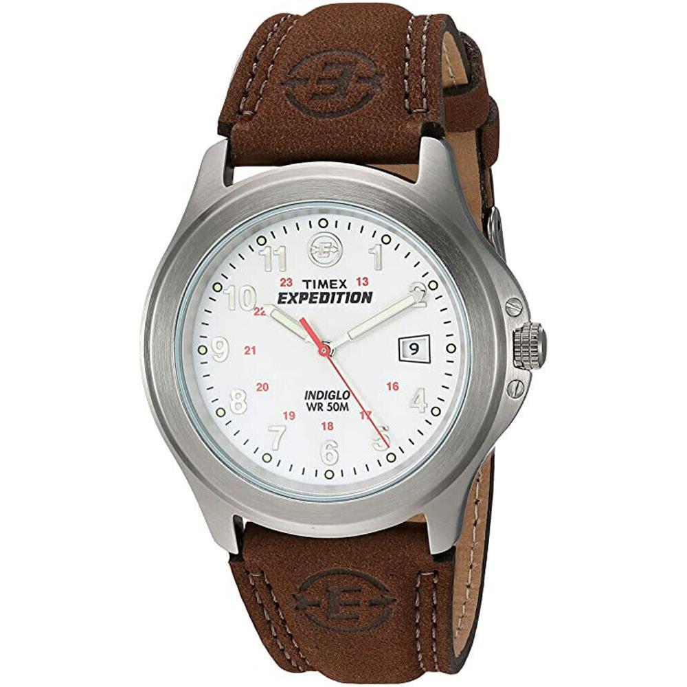 Timex T44381 Men`s Expedition Metal Field Indiglo Brown Leather Band Watch - White Dial, Brown Band, Silver Bezel