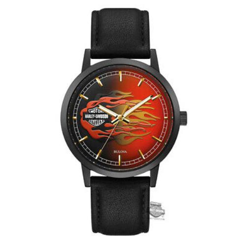 Bulova Harley-davidson Mens Metallic Flames Black Leather Strap Watch 78A123