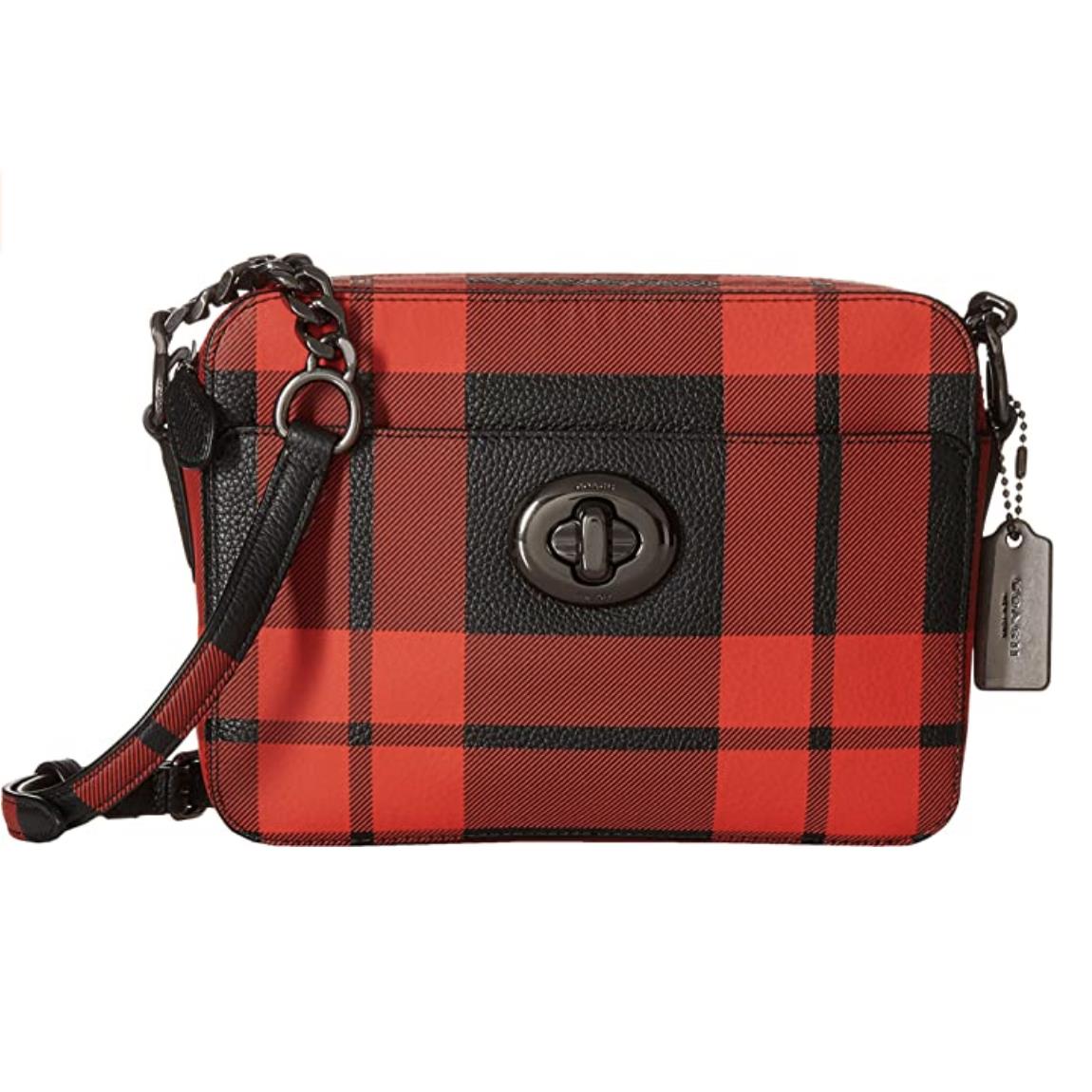 Coach Women`s Plaid Turnlock Camera Bag Red Black Mount Plaid Cross Body Bag - Red Exterior, RED BLACK Lining, RED BLACK Handle/Strap