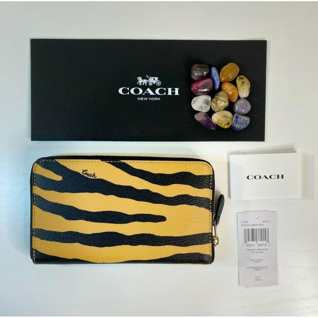 Coach Medium Wallet Tiger Print Multi Honey/black Leather: Zip-around C7442