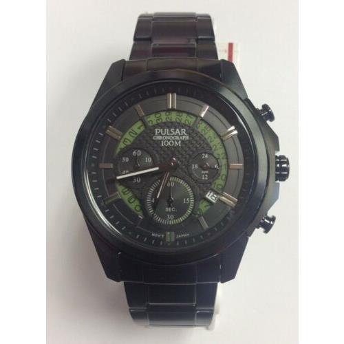 Pulsar Men`s On The Go Stainless Steel Black/green Chronograph Watch PT3523