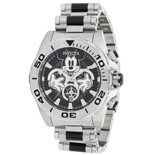 Invicta Disney Limited Edition Mickey Mouse Men`s 48mm Black Chrono Watch 37808 - Black Dial, Silver Band, Black Bezel
