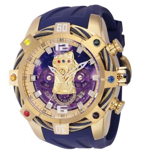 Invicta Marvel Thanos Infinity Gauntlet Men`s 52mm Limited Ed Chrono Watch 37391 - Gold Dial, Blue Band, Blue Bezel