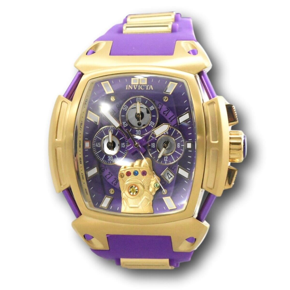 Invicta Marvel Thanos Infinity Gauntlet Men`s 53mm Limited Ed Chrono Watch 37390 - Dial: Gold, Multicolor, Purple, Band: Purple, Bezel: Gold, Yellow