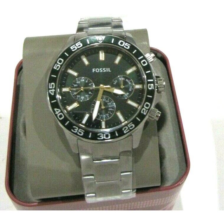 Fossil Men`s Bannon Silver Tone Multifunction Watch Green Dial BQ2492