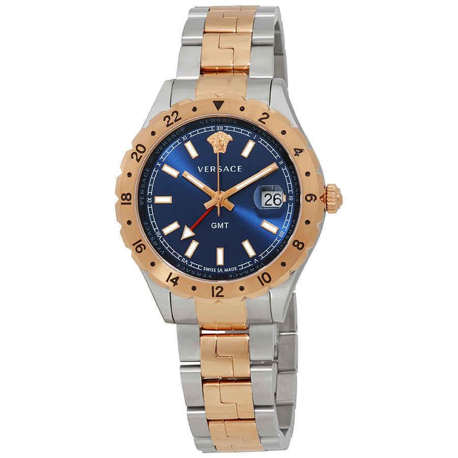 Versace Hellenyium Gmt Blue Dial Men`s Watch V11060017 - Dial: Blue, Band: Two-tone (Silver-tone and Rose Gold Ion-plated), Bezel: Silver-tone