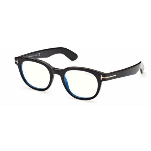 Tom Ford FT5807B 001 Shiny Black Blue Block Round Men`s Eyeglasses