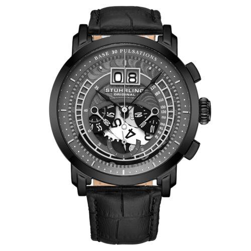 Stuhrling 4013 3 Monaco Imperia Chronograph Date Black Leather Mens Watch - Black Dial, Black Band, Black Bezel