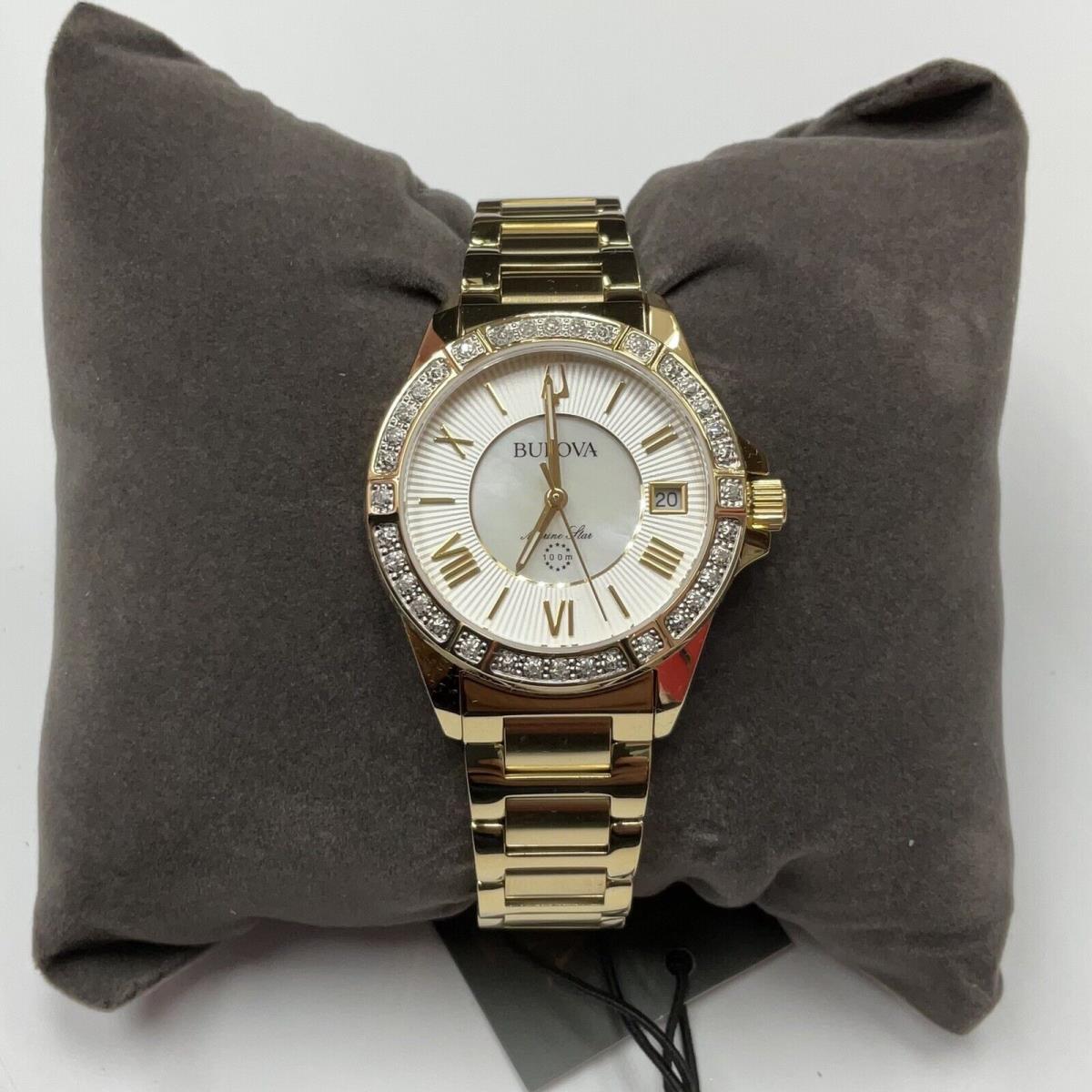 Bulova Women`s Marine Star Gold Tone Stainless Steel Diamond Watch 98R294 - Face: White, Dial: White, Band: Gold