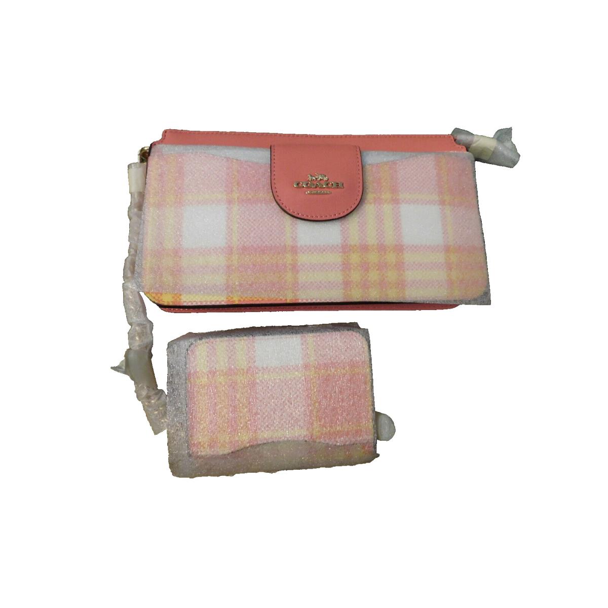 Adorable Set Coach Poppy Crossbody Bag Pink Orange Yellow Taffy Plaid Wallet