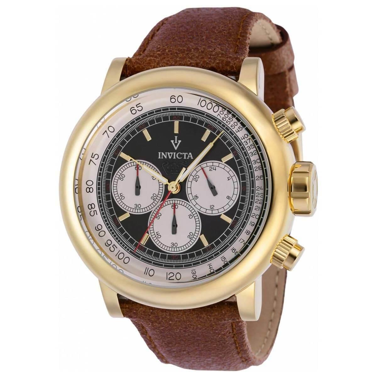 Invicta Men`s Watch Vintage Chronograph Black and Ivory Dial Brown Strap 37323