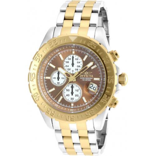Invicta Men`s Watch Aviator Chronograph Brown and White Dial SS Bracelet 21648 - Brown, White Dial, Silver, Yellow Band