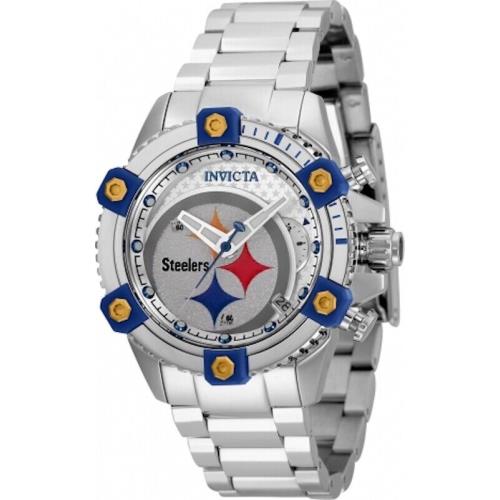 Invicta Nfl Pittsburgh Steelers 35518 Women`s High Polished Qtz Watch - 38mm - Dial: Antique Silver , Light Grey, Band: Silver