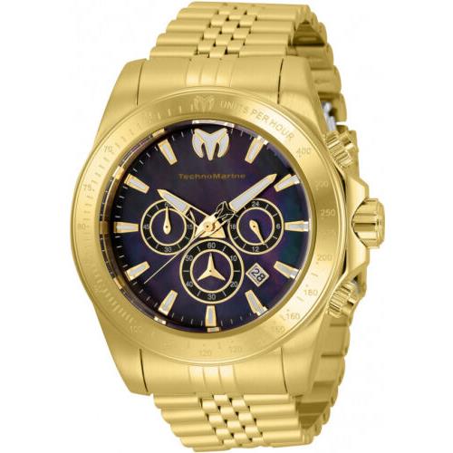 Technomarine Grand Manta Ray Mens 47mm Black Mother Pearl Chrono Watch TM-220153 - Dial: Black, Gold, Multicolor, White, Band: Gold, Yellow, Bezel: Gold, Yellow
