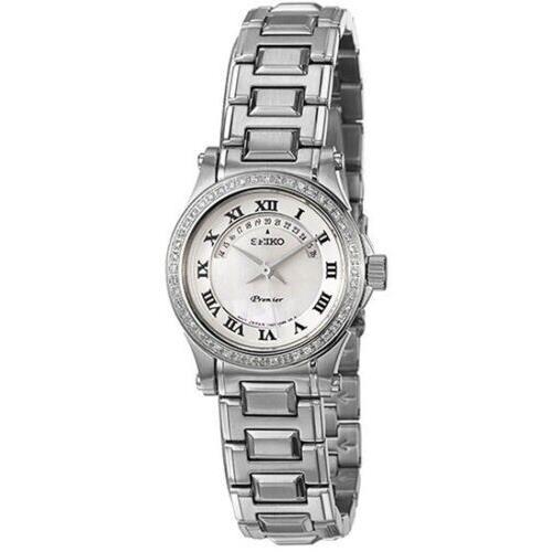 Seiko White Mop Dial Diamond Bezel Sapphire Women`s Watch SXD773 Retail - Face: White, Dial: White, Band: Silver